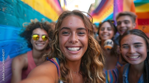 Wallpaper Mural Group of friends enjoying an LGBTQ celebration while taking a selfie, with vivid rainbow flags adding a splash of color to the scene Torontodigital.ca