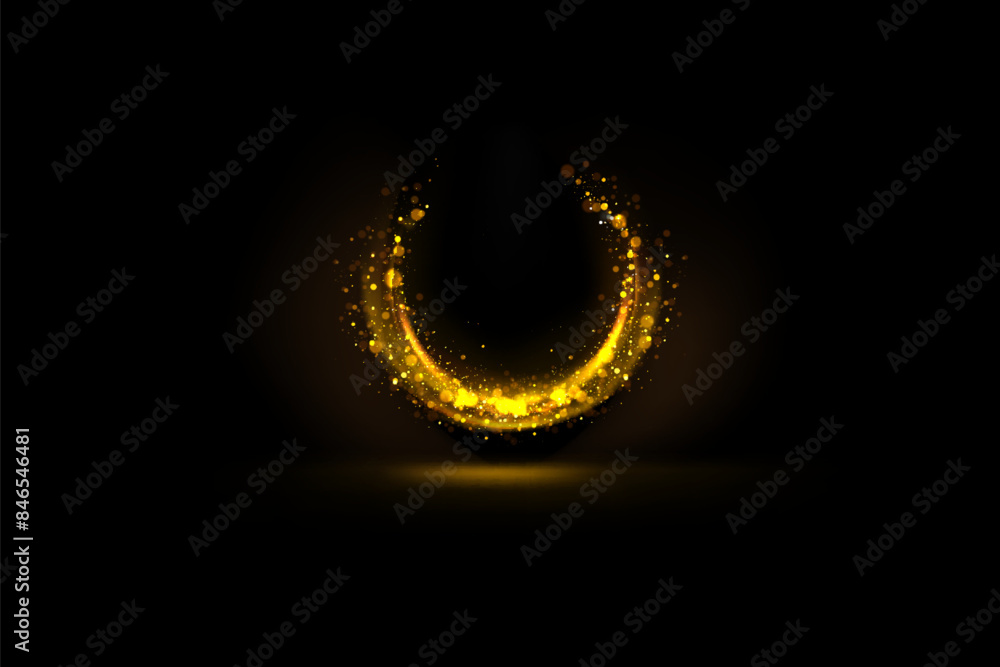 Magical light effect. Rotating luminous ellipses. Dynamic golden rings on black background. Magical light effect. Rotating luminous ellipses. Dynamic golden rings on black background.