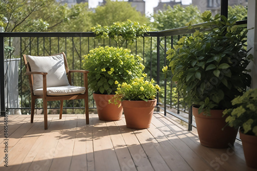 Beautiful balcony or terrace with wooden floor, chair and green potted flowers plants. Cozy relaxing area at home. Sunny stylish balcony terrace in the city © Muhammad