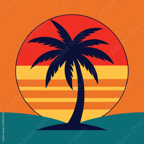 Illustration of a background for Summer Holidays  with a palm tree and a sunset vector