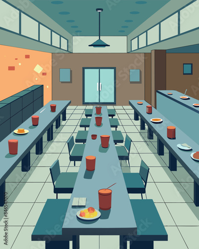 The once lively and bustling cafeteria now sat eerily empty food trays still left on the tables as if the workers had just vanished into thin air.. Vector illustration