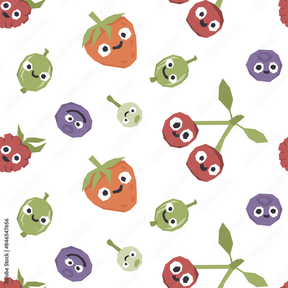 Obraz premium Cute characters fruits and berries seamless vector pattern on white background. Vector illustration for printing children's textiles, fabrics and paper.