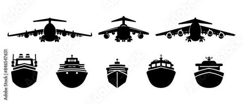 Transport vehicle ships and planes front view silhouette black filled vector Illustration icon