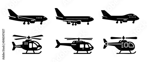 Transport vehicle plane and helicopter side view silhouette black filled vector Illustration icon