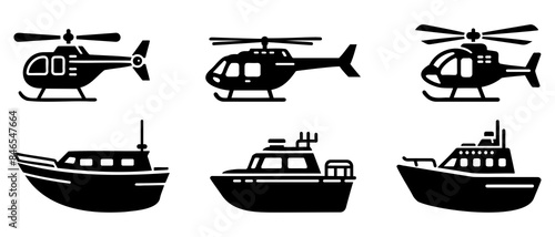 Helicopter and speed boat side view silhouette black filled vector Illustration icon