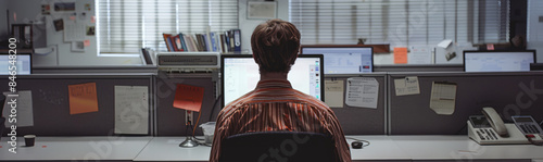 Career stagnation, a man in an office, staring blankly at a computer, symbolizing the lack of progress in his career.