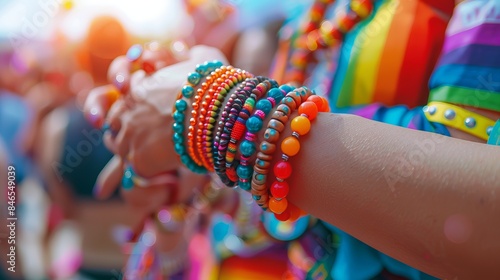 A close-up of colorful bracelets and accessories worn by attendees at an LGBTQ pride