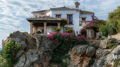 photography with a large and beautiful Andalusian house on top of a cliff with flowers