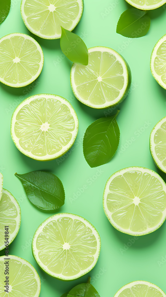 Flat lay of fresh limes and green leaves Flat lay of fresh limes and green leaves