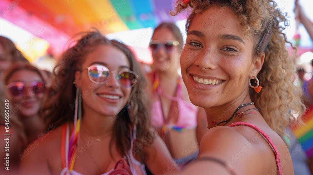 A close-knit group of friends enthusiastically snapping a selfie with bright rainbow flags and a crowd of celebrants in the background at an LGBTQ festival A close-knit group of friends enthusiastically snapping a selfie with bright rainbow flags and a crowd of celebrants in the background at an LGBTQ festival