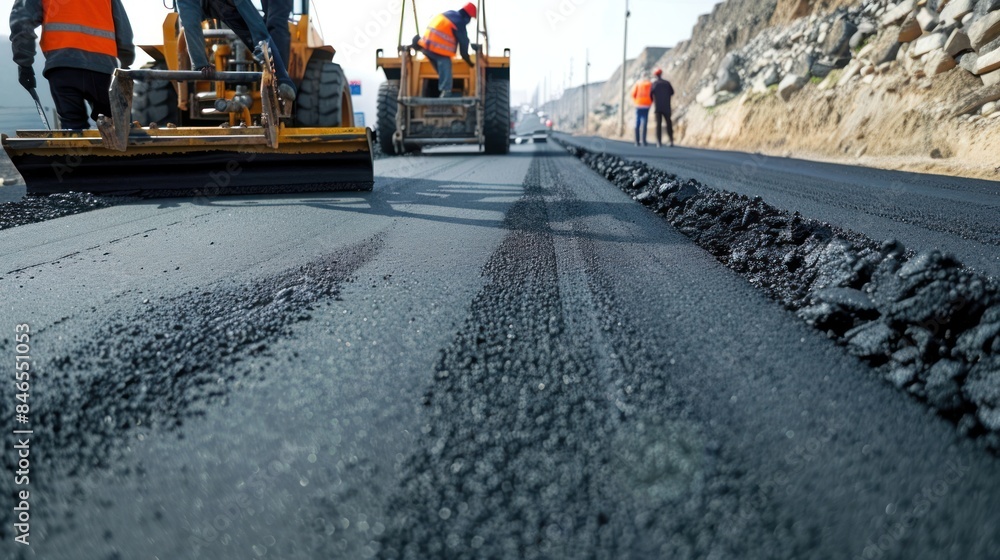 Fototapeta premium Using road construction resources, a worker is installing new asphalt road surface with space