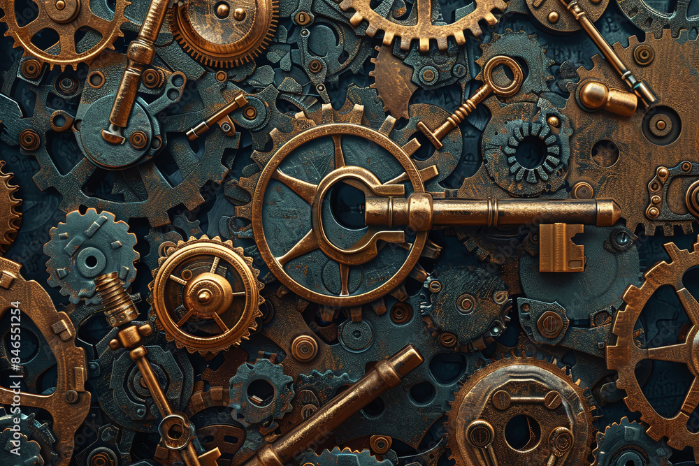 Fototapeta premium Cryptographic keys, depicted in a steampunk aesthetic, unlocking, amidst intricate clockwork mechanisms, intricate, mysterious, timeless