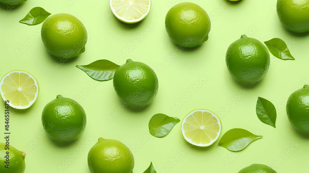 Flat lay of fresh limes and green leaves Flat lay of fresh limes and green leaves