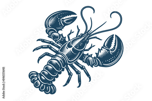 Lobster. Seafood. Vintage blue engraving illustration, emblem, logo, isolated object. hand drawn