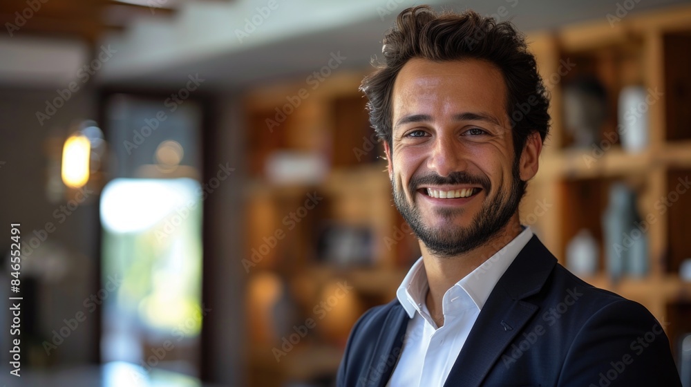 Confident Smiling Businessman in Modern Office Setting with Bookshelves in Background Confident Smiling Businessman in Modern Office Setting with Bookshelves in Background