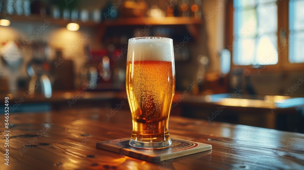 CloseUp of Cold Beer Glass on Rustic Wood Bar Counter in Cozy Pub Setting CloseUp of Cold Beer Glass on Rustic Wood Bar Counter in Cozy Pub Setting