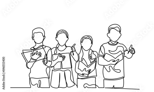 Back to school, continuous line drawing of Schoolchildren boy and girl going to school show thumb.kindergarten Backpack, child, education, bag students black and white background.
