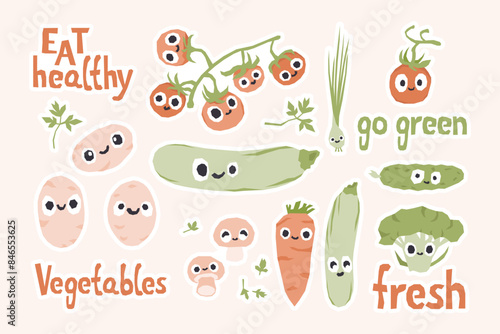 Cute ugly vegetable characters with funny kawaii faces. Happy smiling healthy food set. Fun stickers flat graphic vector illustrations isolated.