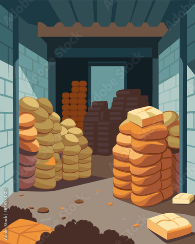 Stacks of stillpackaged bread loaves now stale and unappetizing gather dust in the corner of the abandoned store.. Vector illustration