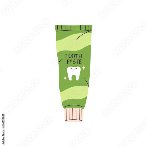 Toothpaste in closed green tube. Whitening tooth paste with mint for brushing mouth. Toothbrushing symbol. Oral hygiene, dental health care. Flat isolated vector illustration on white background