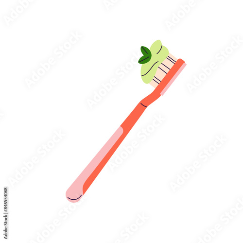 Toothbrush with toothpaste. Red tooth brush with mint paste for fresh breathing. Tool for cleaning mouth. Oral hygiene, dental health care. Flat isolated vector illustration on white background