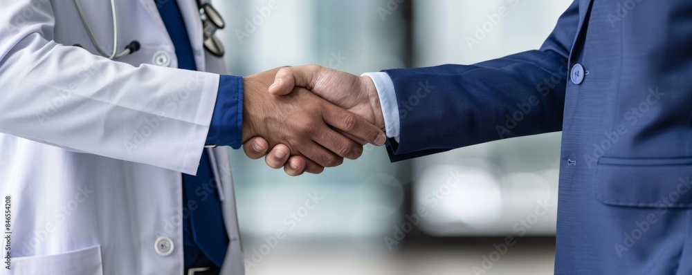 Pharmaceutical sales representative shaking hands with doctor in medical building. Doctor greeting hospital director, clinic manager. Banner with copy space. Pharmaceutical sales representative shaking hands with doctor in medical building. Doctor greeting hospital director, clinic manager. Banner with copy space.