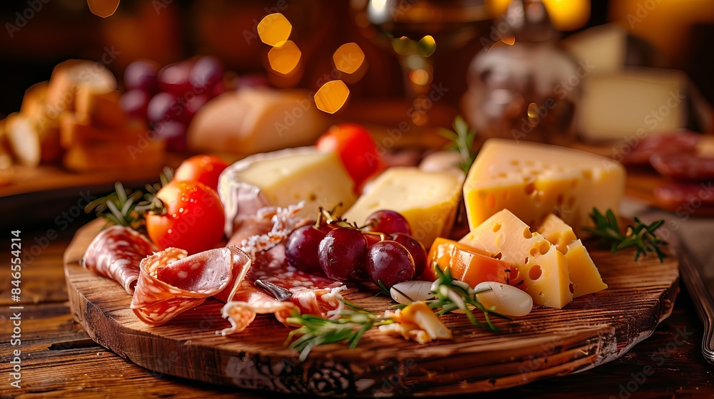 Close up of a cheese platter with charcuterie and wine Close up of a cheese platter with charcuterie and wine