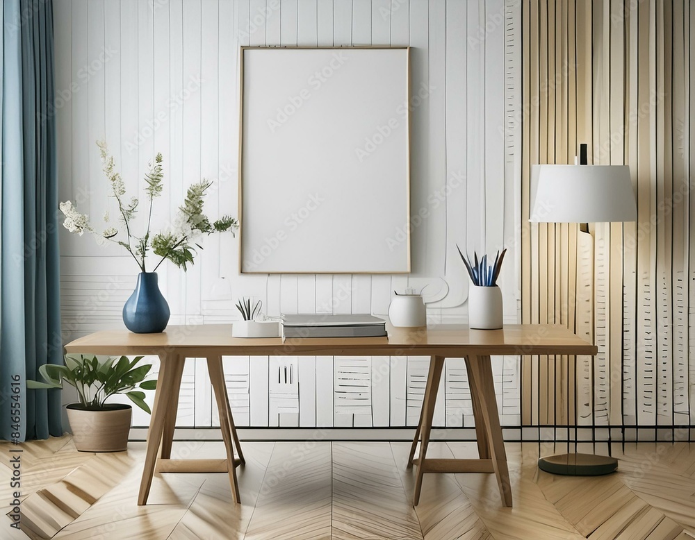 Mock up frame in home interior background, white room with natural wooden table and decor, 3d render Mock up frame in home interior background, white room with natural wooden table and decor, 3d render