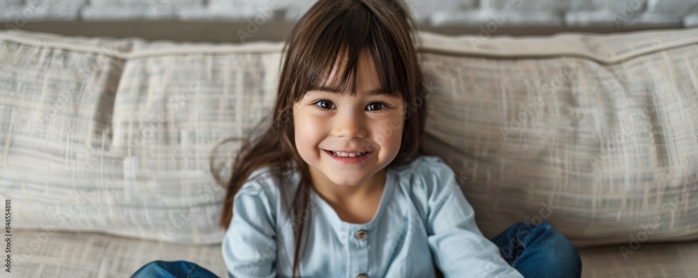 Cute young girl with long hair sitting at home. Banner with copy space. Cute young girl with long hair sitting at home. Banner with copy space.