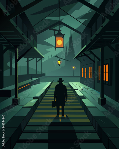 The lone traveler shuddered as the gaslight flickered in the abandoned train station lending a sinister air to the decrepit building.. Vector illustration