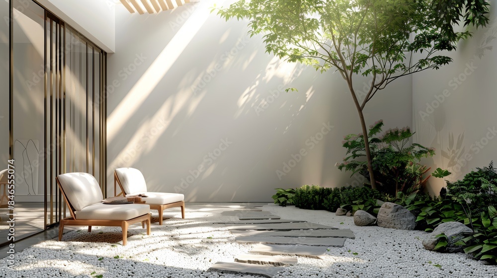 Tranquil zen garden with relaxing lounge chairs and sunlit stones in minimalist courtyard Tranquil zen garden with relaxing lounge chairs and sunlit stones in minimalist courtyard