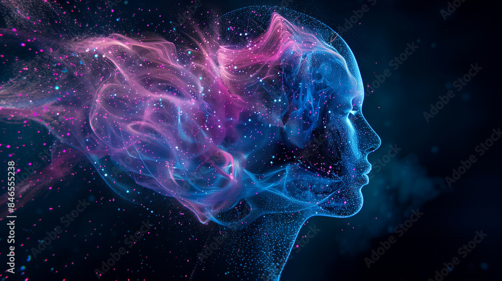 Abstract Digital Art of Woman's Face with Neon Lights and Particle Effects, Futuristic Technology Concept
Abstract Digital Art of Woman's Face with Neon Lights and Particle Effects, Futuristic Technology Concept