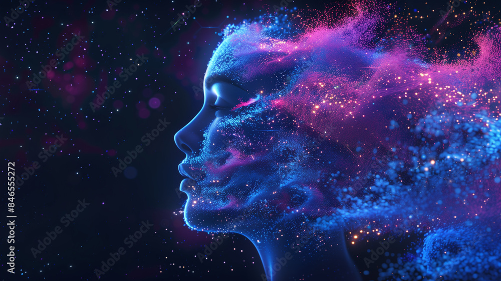 Abstract Digital Art of Woman's Face with Neon Lights and Particle Effects, Futuristic Technology Concept
Abstract Digital Art of Woman's Face with Neon Lights and Particle Effects, Futuristic Technology Concept