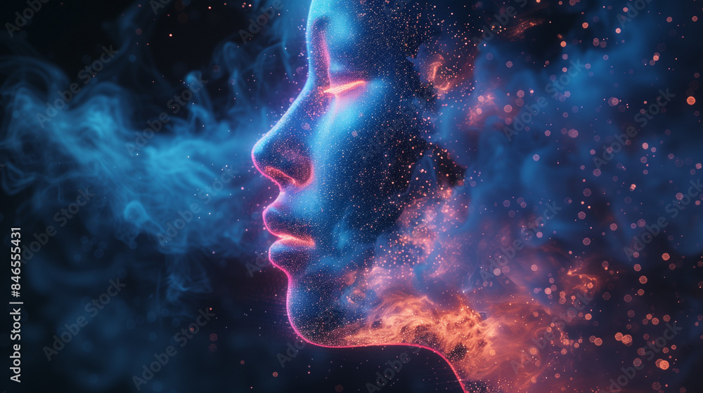 Abstract Digital Art of Woman's Face with Neon Lights and Particle Effects, Futuristic Technology Concept
Abstract Digital Art of Woman's Face with Neon Lights and Particle Effects, Futuristic Technology Concept