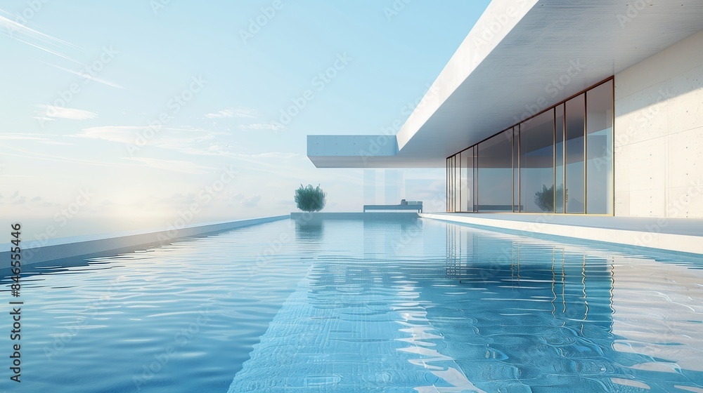 Modern luxury villa with infinity pool and ocean view at sunset Modern luxury villa with infinity pool and ocean view at sunset