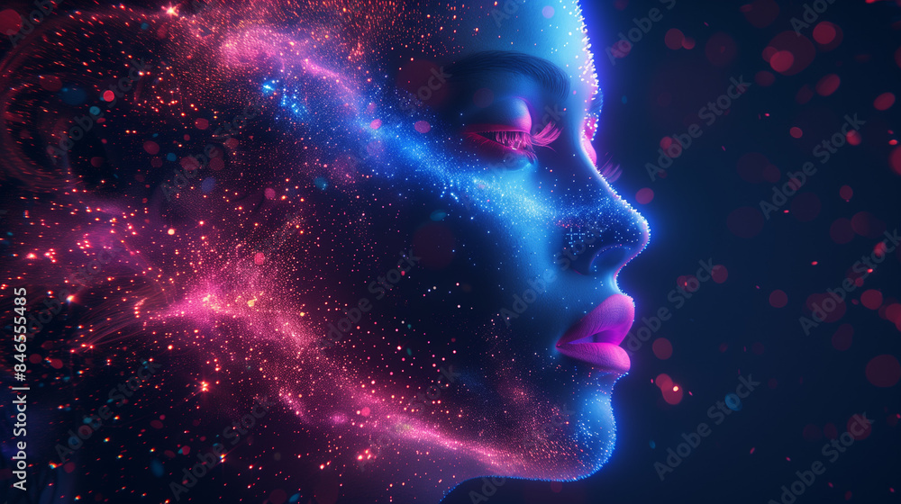 Abstract Digital Art of Woman's Face with Neon Lights and Particle Effects, Futuristic Technology Concept
Abstract Digital Art of Woman's Face with Neon Lights and Particle Effects, Futuristic Technology Concept