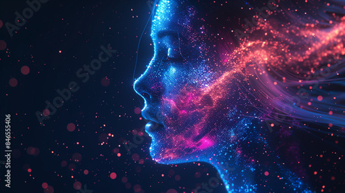 Abstract Digital Art of Woman's Face with Neon Lights and Particle Effects, Futuristic Technology Concept 
