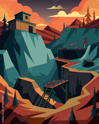 The eerie sight of abandoned mines and quarries leaving scars on previously untouched landscapes.. Vector illustration