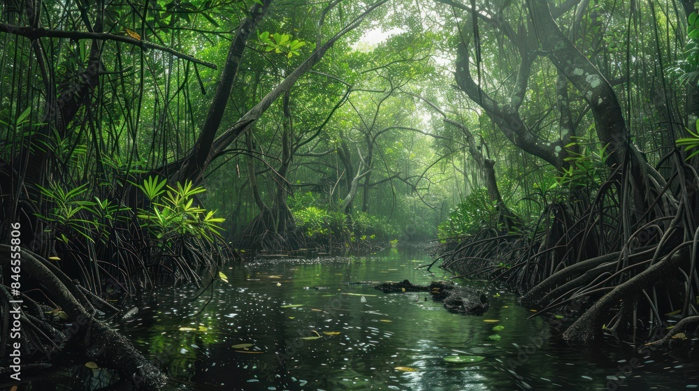 A dense mangrove forest, with tangled roots and rich biodiversity, highlighting the importance of these ecosystems A dense mangrove forest, with tangled roots and rich biodiversity, highlighting the importance of these ecosystems