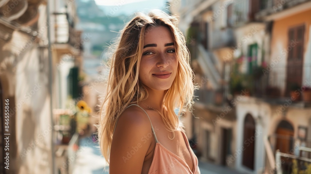 Portrait of attractive fashion model turns around to the camera in Tropea village Portrait of attractive fashion model turns around to the camera in Tropea village