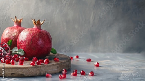 Pomegranates on Wooden Board with Seeds and Leaves Generative AI