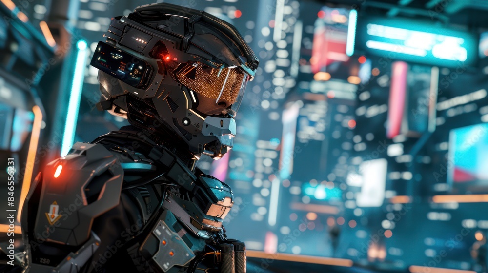 Naklejka premium A futuristic soldier equipped with advanced armor and a high-tech helmet, standing in a sci-fi cityscape