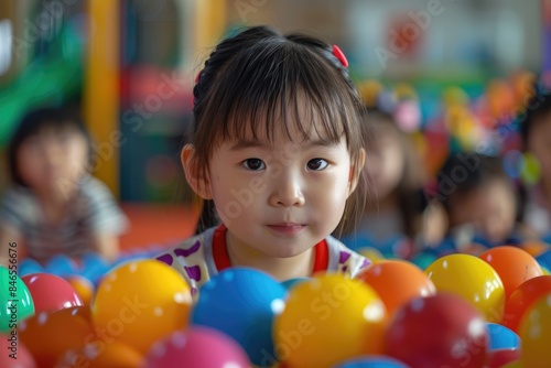 The little girl plays with colorful games