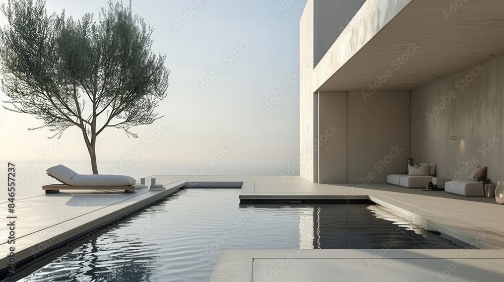 Fototapeta premium Minimalist luxury poolside with modern architecture and serene outdoor space at sunset