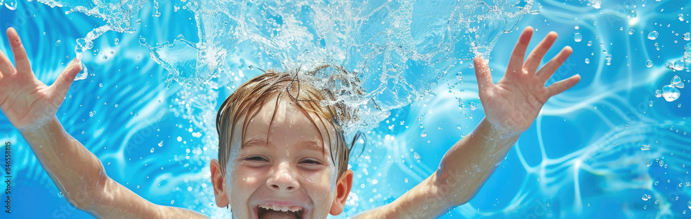 A young boy with blonde hair splashes in a pool on a bright day. He is smiling and having fun A young boy with blonde hair splashes in a pool on a bright day. He is smiling and having fun