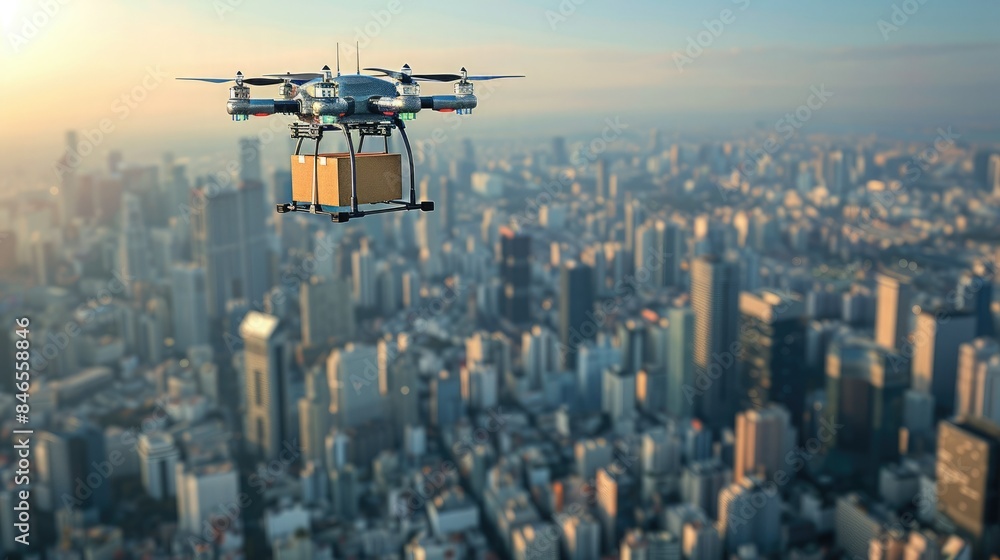 A delivery drone hovers over a modern city skyline at sunset, showcasing futuristic urban logistics and technology advancements. A delivery drone hovers over a modern city skyline at sunset, showcasing futuristic urban logistics and technology advancements.