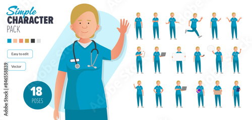 Simple flat female nurse woman vector character in a set of multiple poses. Easy to edit and isolated on a white background. Modern trendy style character mega pack with lots of poses.