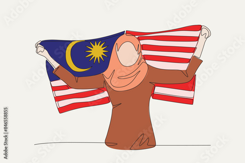 Colored malay woman waving the Malaysian flag. Malaysia independence day concept one-line drawing