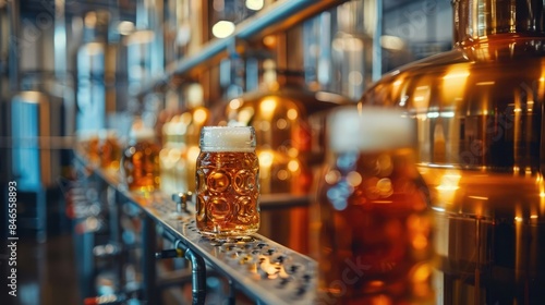 A row of beer mugs filled with frothy beer on a conveyor belt in a brewery. Shiny copper tanks in the background create an industrial ambiance.