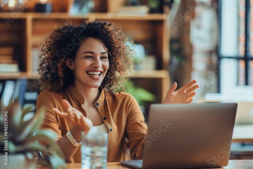 Company remodeling meeting with interior design, chatting, and woman architect. A happy, smiling female employee discussing office creative branding. photo